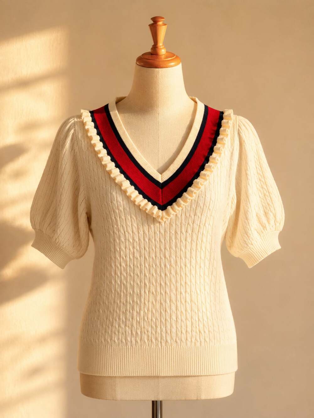 VOY Cable Knit Puff Sleeve Sweater Top L Preppy Coquette Varsity V Neck Cotton